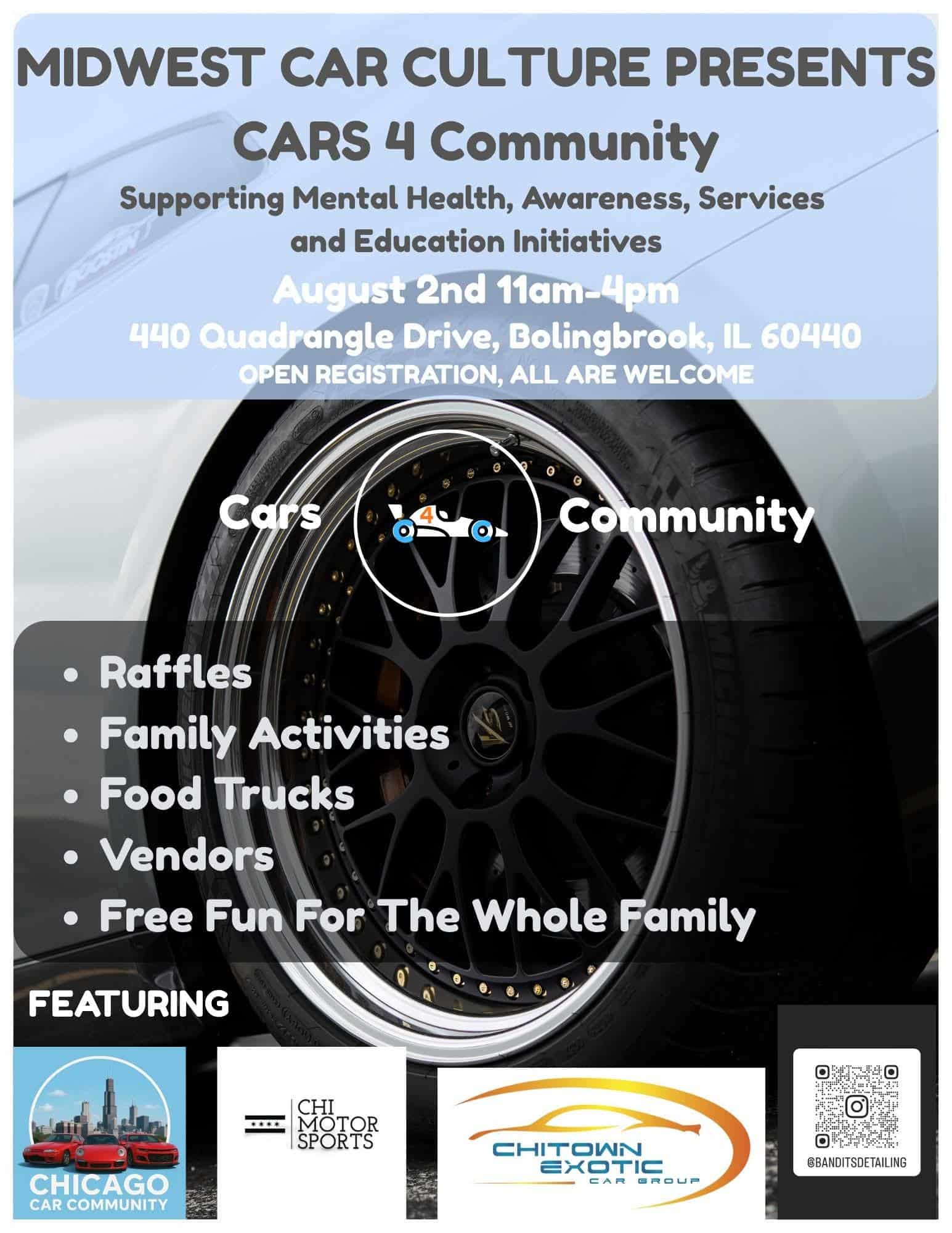 Midwest Car Culture Presents CARS 4 Community event at 440 Quadrangle Drive in Bolingbrook, IL on August 2, 2026