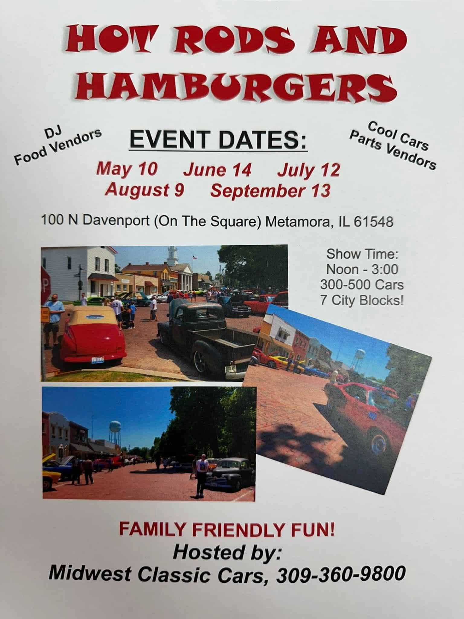 Midwest Classic Cars Hot Rods and Hamburgers event at On The Square in Metamora, IL on July 12, 2026