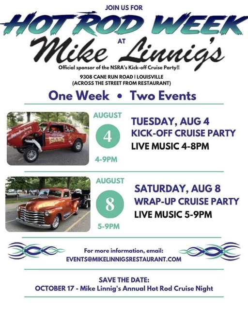 Mike Linnig's Hot Rod Week event at Mike Linnig's Restaurant in Louisville, KY on August 4, 2026