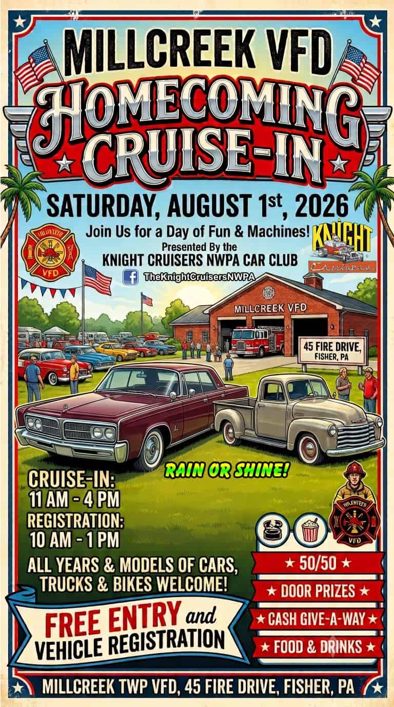 Millcreek VFD Homecoming Cruise-In event at Millcreek VFD in Fisher, PA on August 1, 2026