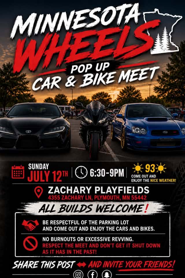 Minnesota Wheels Pop up Car & Bike Meet event at Zachary Playfields in Plymouth, MN on July 12, 2026