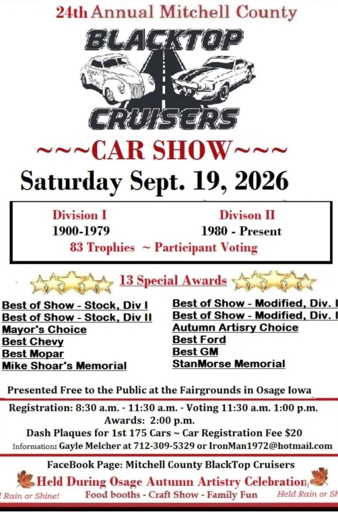 Mitchell County Blacktop Cruisers 24th Annual Car Show event at Mitchell County Fairgrounds in Osage, IA on September 19, 2026