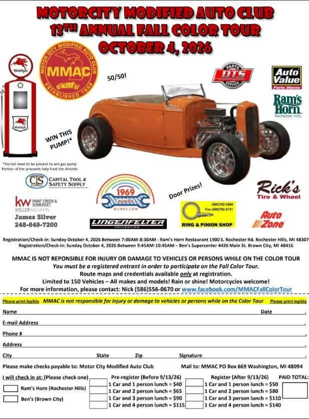 MMAC 13th Annual Fall Color Tour event at Ram's Horn Restaurant in Rochester Hills, MI on October 4, 2026