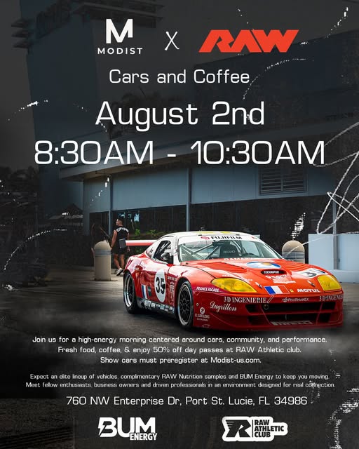 Modist Cars and Coffee event at RAW Athletic Club in Port St. Lucie, FL on August 2, 2026