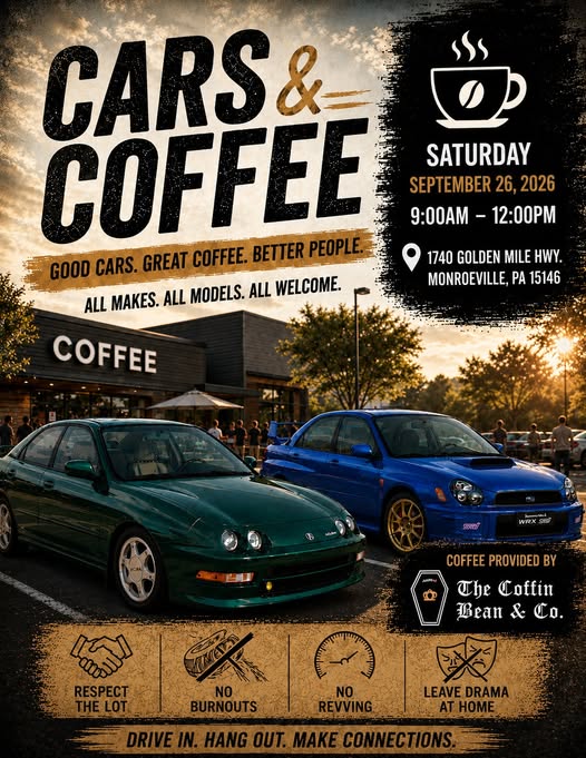 Monroeville Cars & Coffee event at 1740 Golden Mile Highway in Monroeville, PA on September 26, 2026