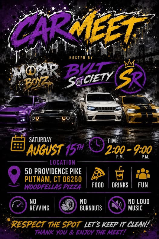 Mopar Bylt Boyz Society Car Meet event at Woodfellas Pizza in Putnam, CT on August 15, 2026