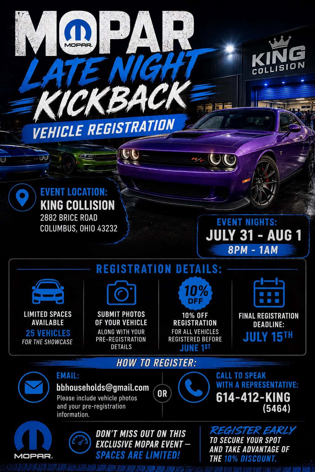 Mopar Late Night Kickback event at King Collision in Columbus, OH on July 31, 2026