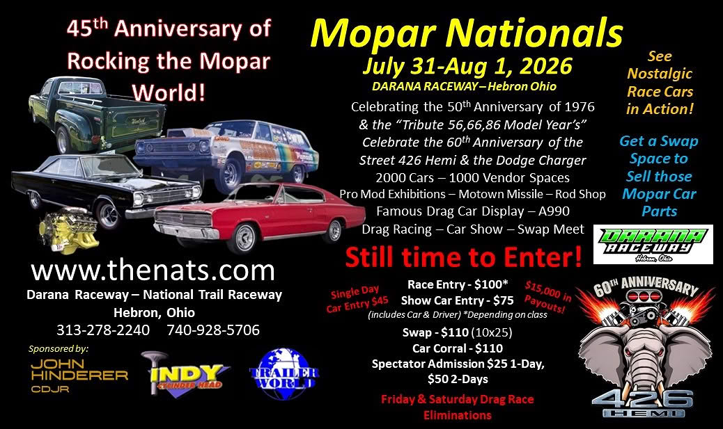 Mopar Nationals event at National Trail Raceway in Hebron, OH on July 31, 2026