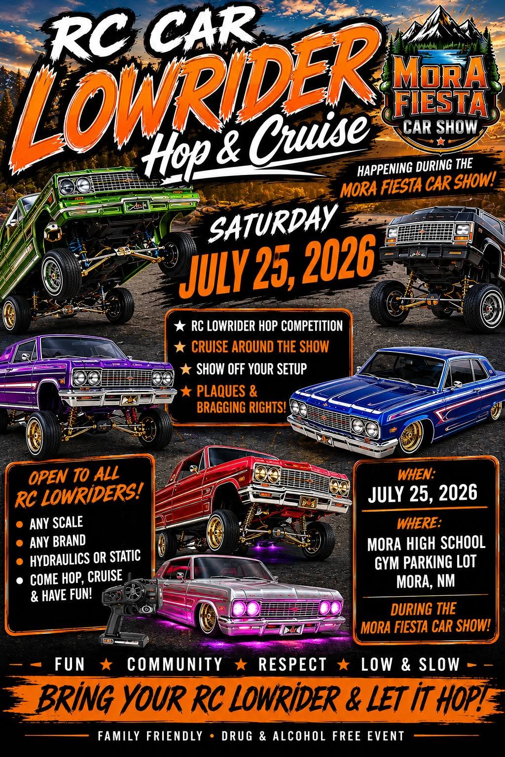 Mora Fiesta Car Show RC Lowrider Hop & Cruise event at Mora High School Gym Parking Lot in Mora, NM on July 25, 2026