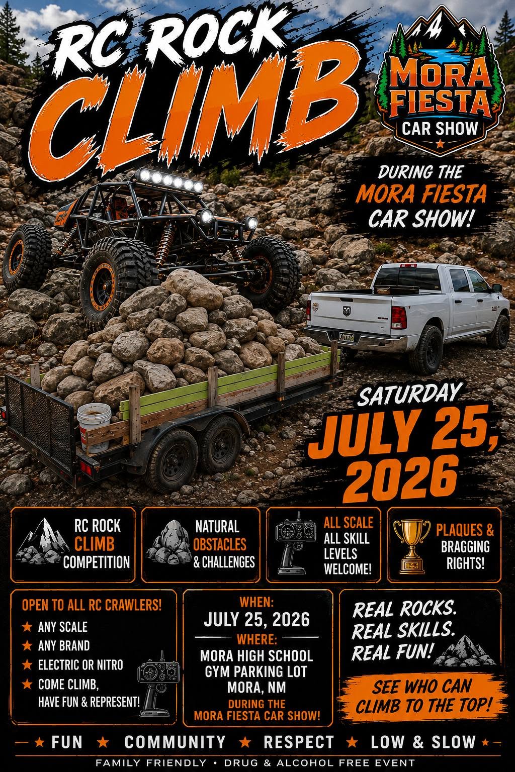 Mora Fiesta Car Show RC Rock Climb Competition event at Mora High School in Mora, NM on July 25, 2026