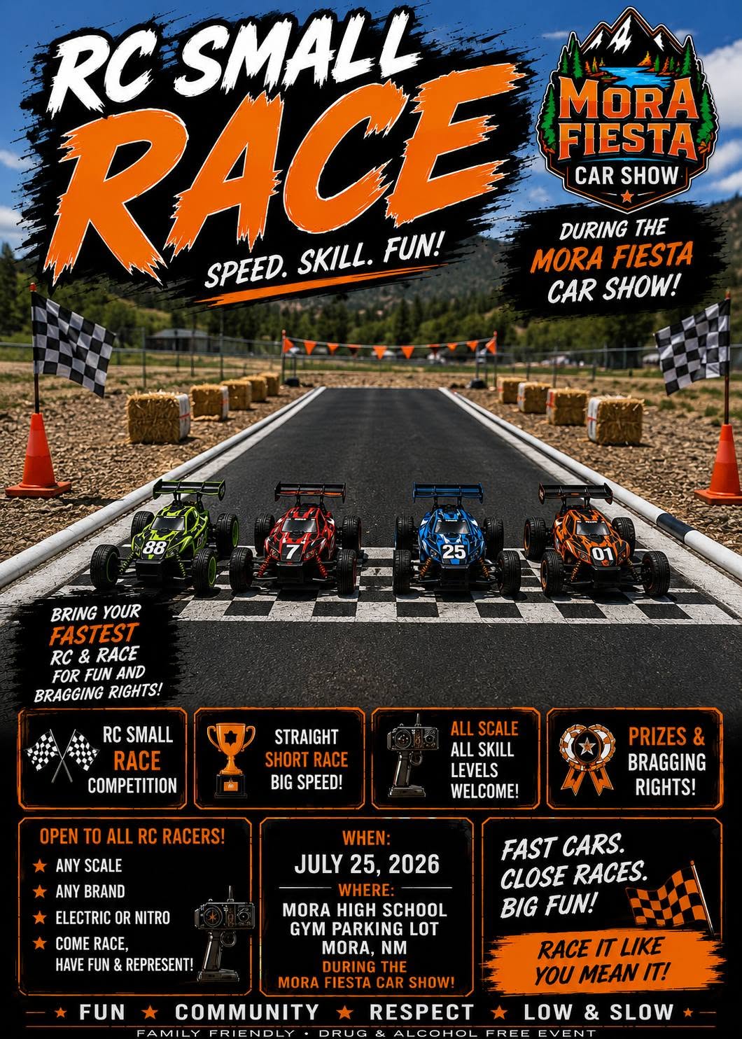 Mora Fiesta Car Show RC Small Race event at Mora High School Gym Parking Lot in Mora, NM on July 25, 2026