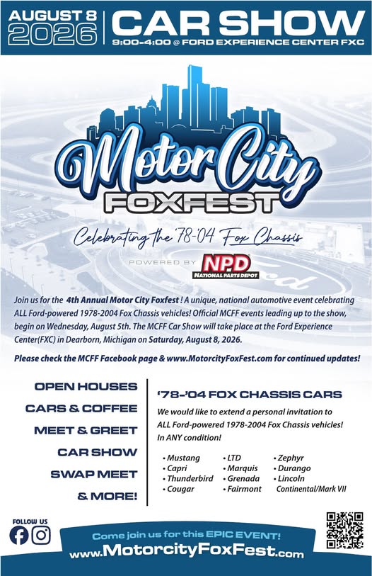Motor City Foxfest Car Show event at Ford Experience Center in Dearborn, MI on August 8, 2026
