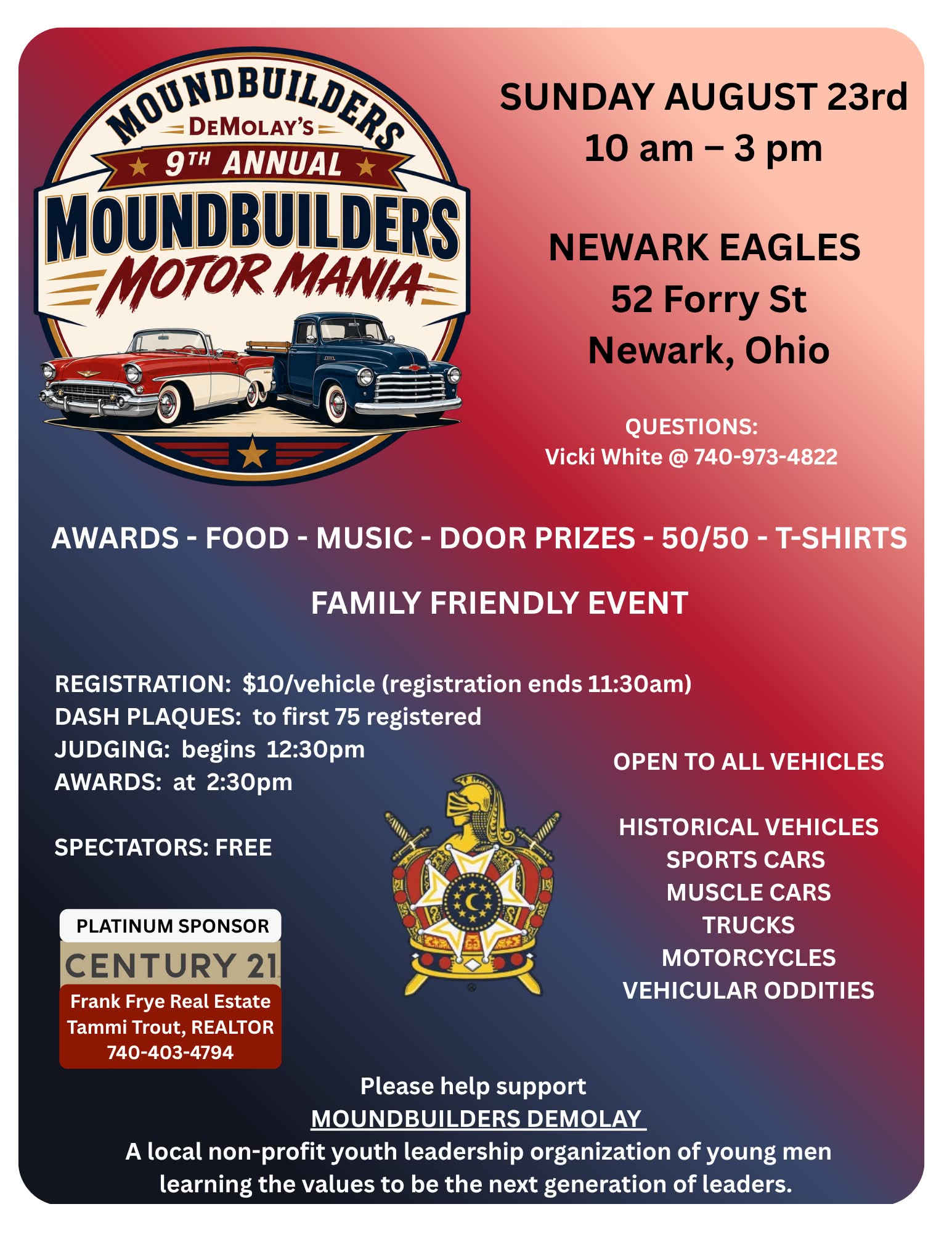 Moundbuilders DeMolay's Motor Mania event at Newark Eagles in Newark, OH on August 23, 2026