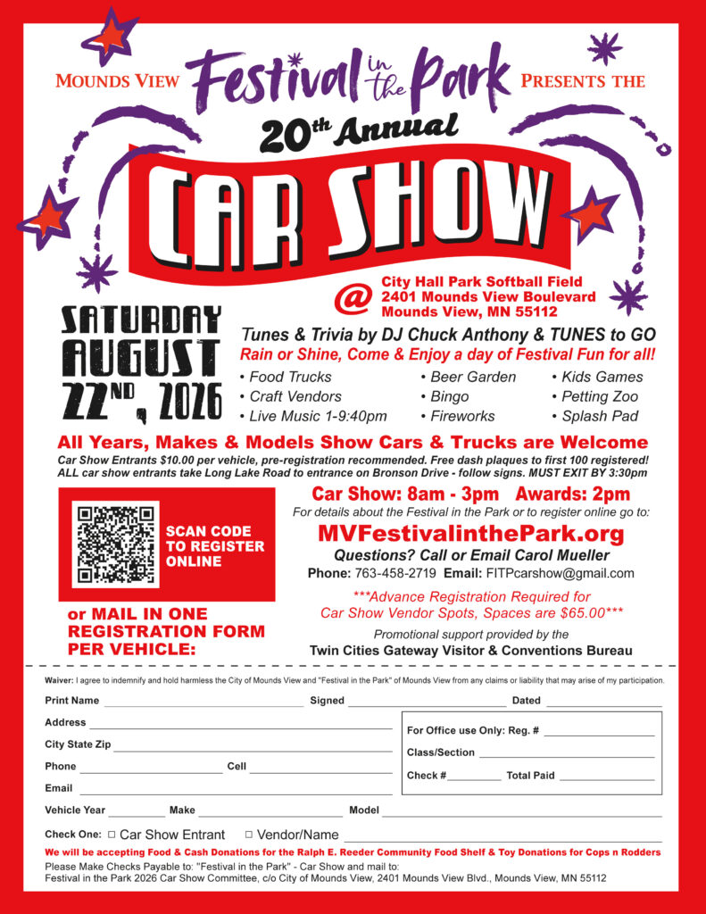 Mounds View Festival in the Park 20th Annual Car Show event at City Hall Park Softball Field in Mounds View, MN on August 22, 2026