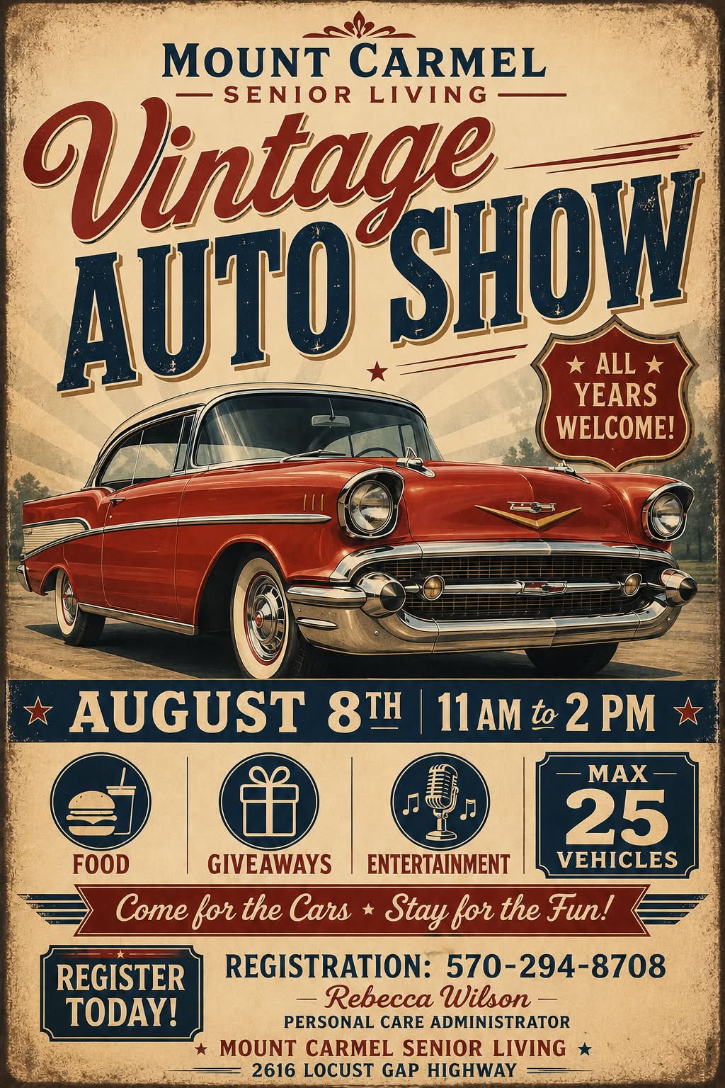 Mount Carmel Senior Living Vintage Auto Show event at Mount Carmel Senior Living in Mount Carmel, PA on August 8, 2026