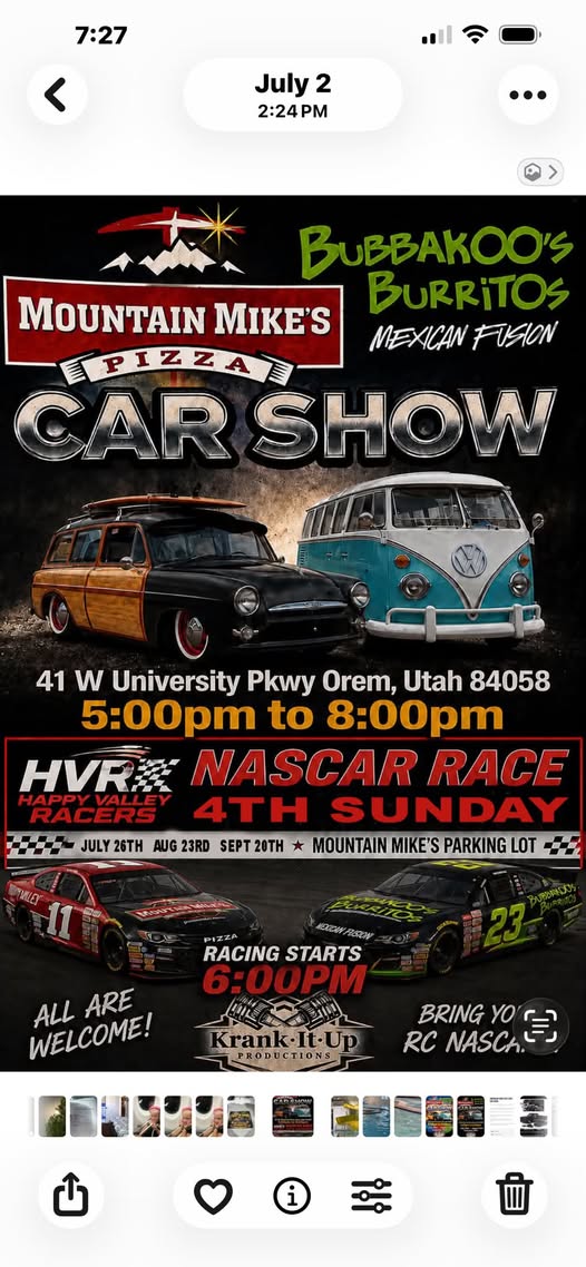 Mountain Mike's Car Show event at Mountain Mike's Pizza in Orem, UT on July 26, 2026