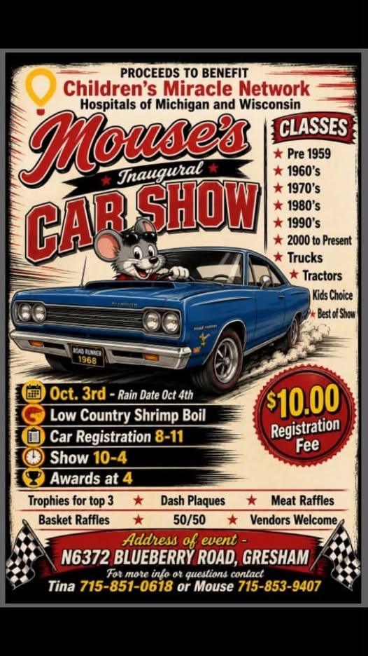 Mouse's Inaugural Car Show event at N6372 Blueberry Road in Gresham, WI on October 3, 2026