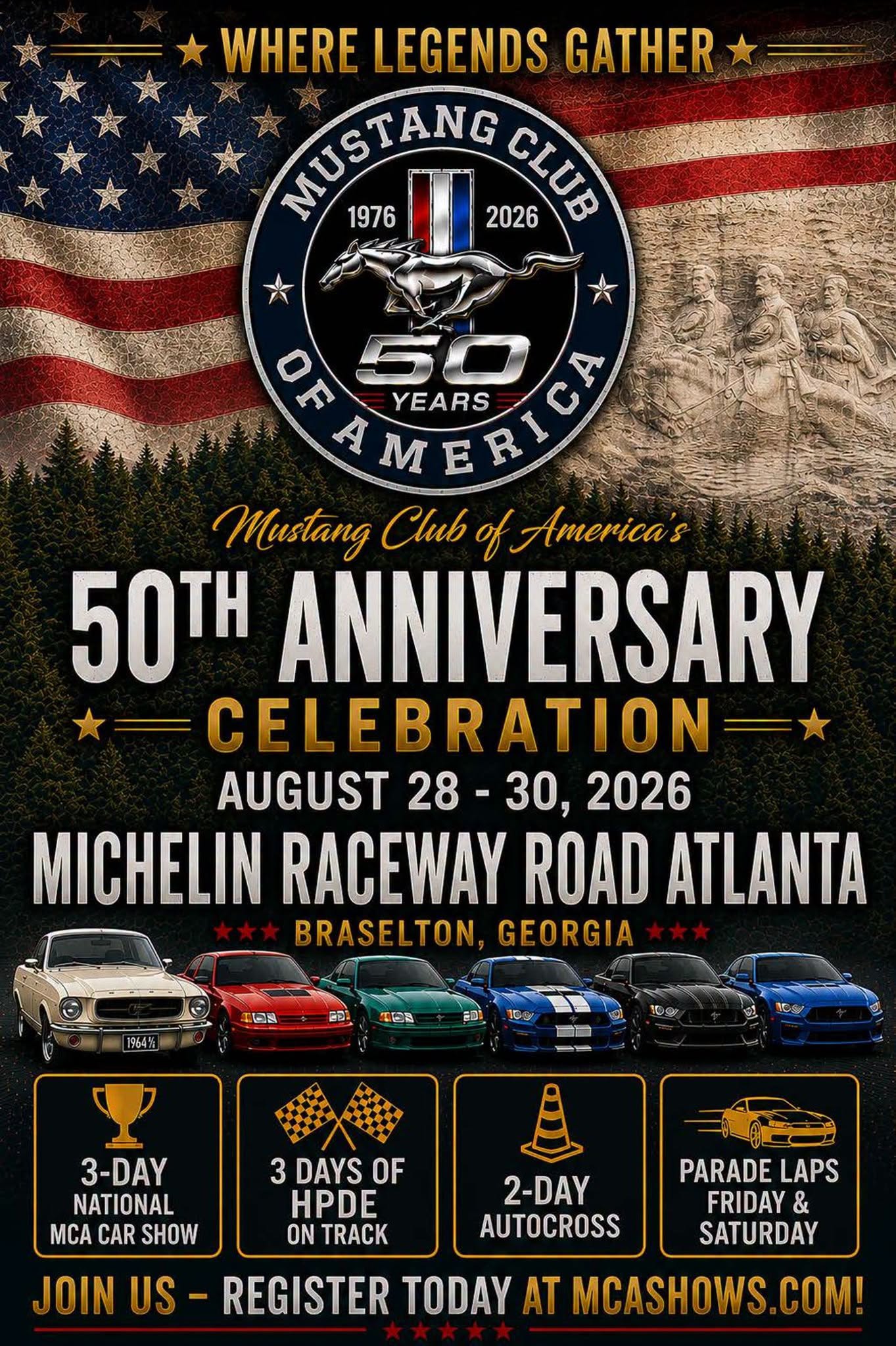 Mustang Club of America 50th Anniversary Celebration event at Michelin Raceway Road Atlanta in Braselton, GA on August 28, 2026