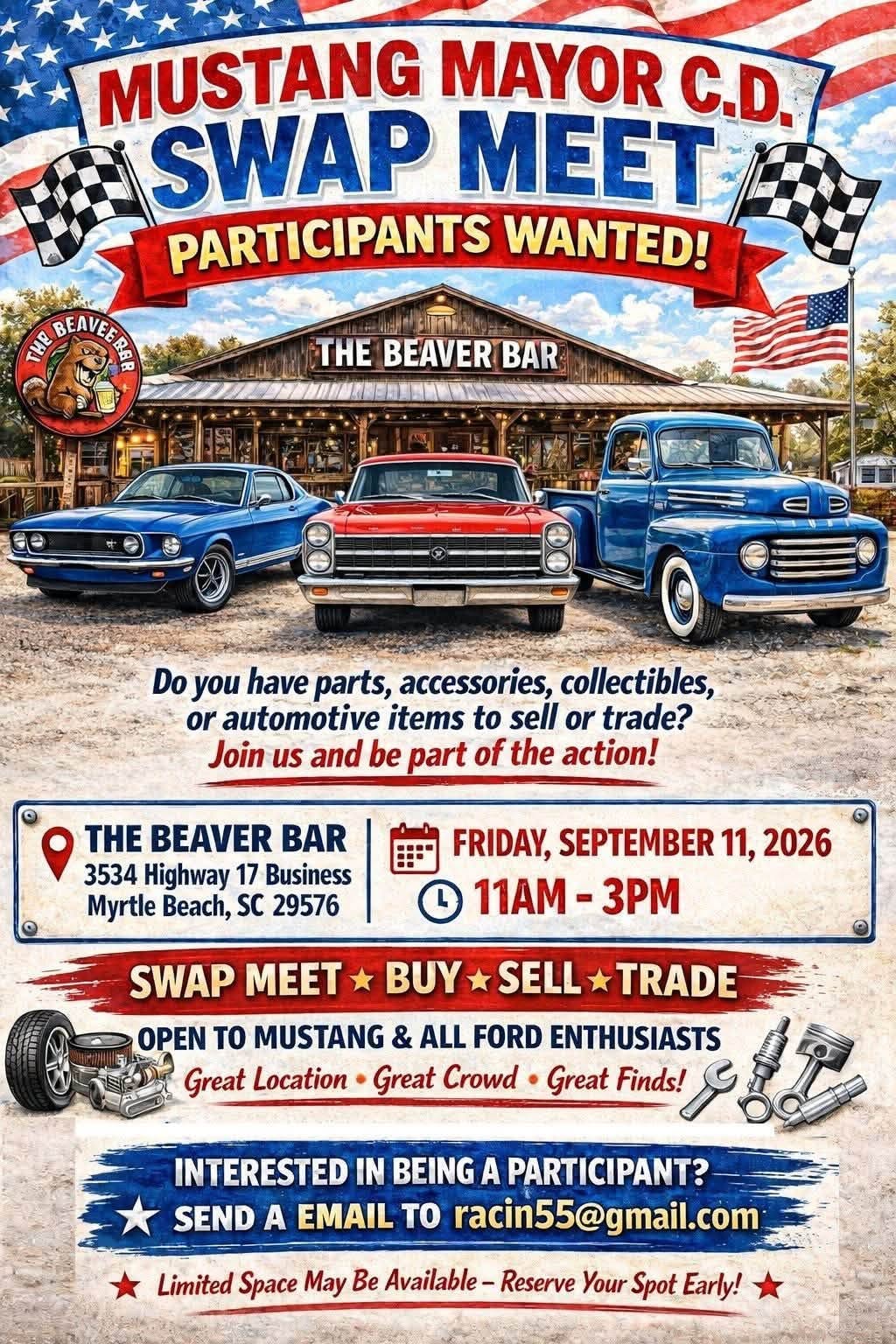 Mustang Mayor C.D. Swap Meet event at The Beaver Bar in Myrtle Beach, SC on September 11, 2026