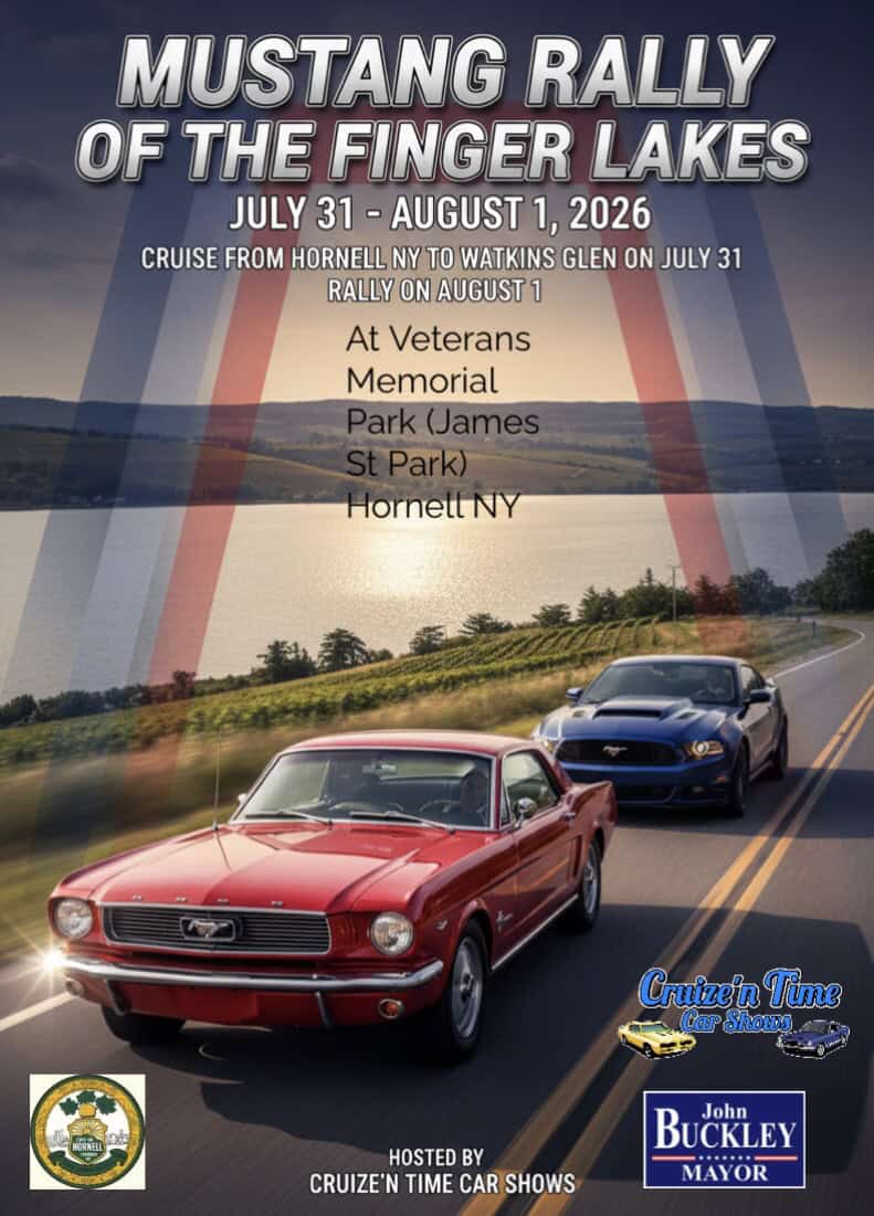 Mustang Rally of the Finger Lakes event at Veterans Memorial Park in Hornell, NY on August 1, 2026