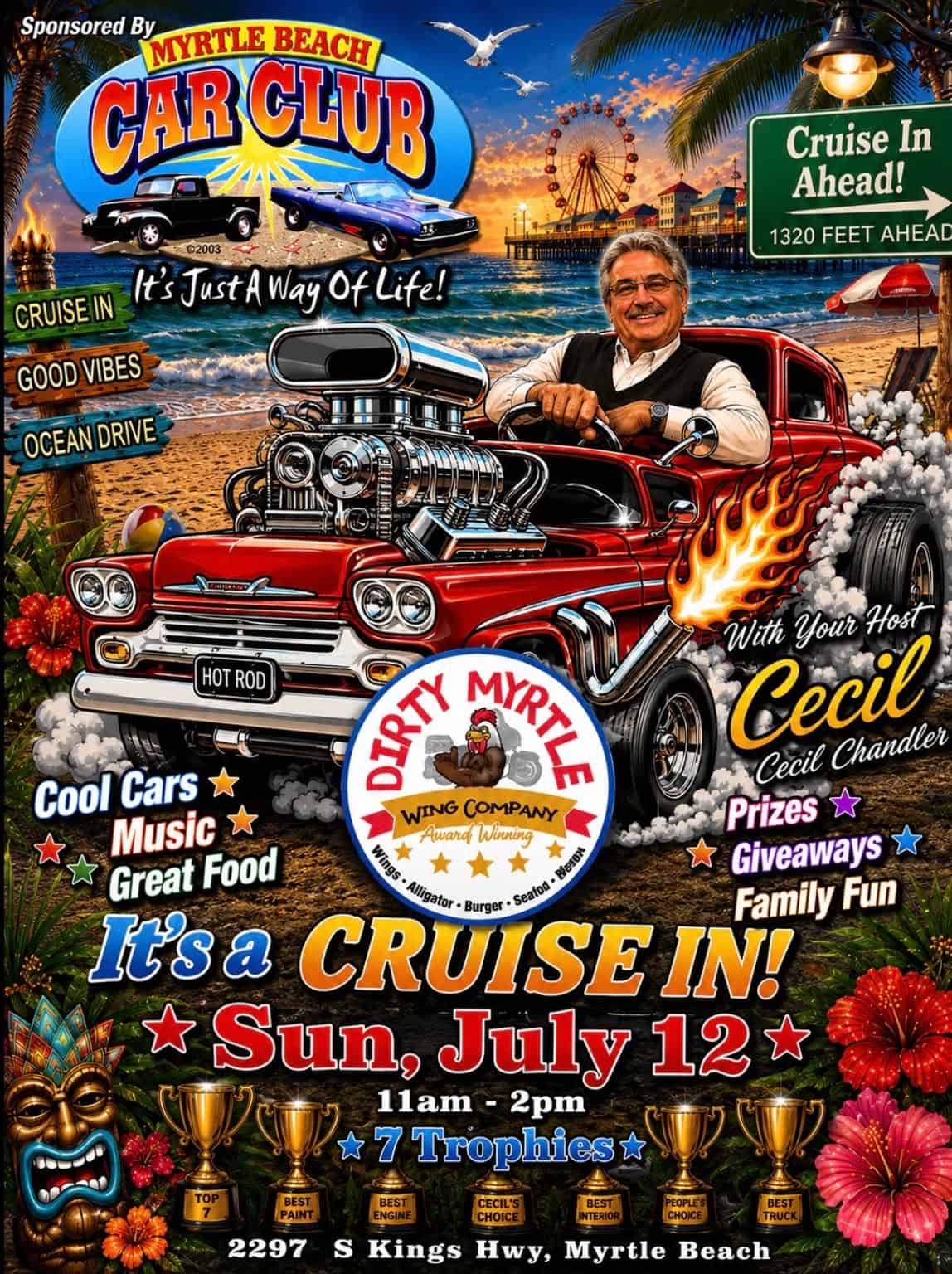 Myrtle Beach Car Club Cruise In event at Dirty Myrtle Wing Company in Myrtle Beach, SC on July 12, 2026