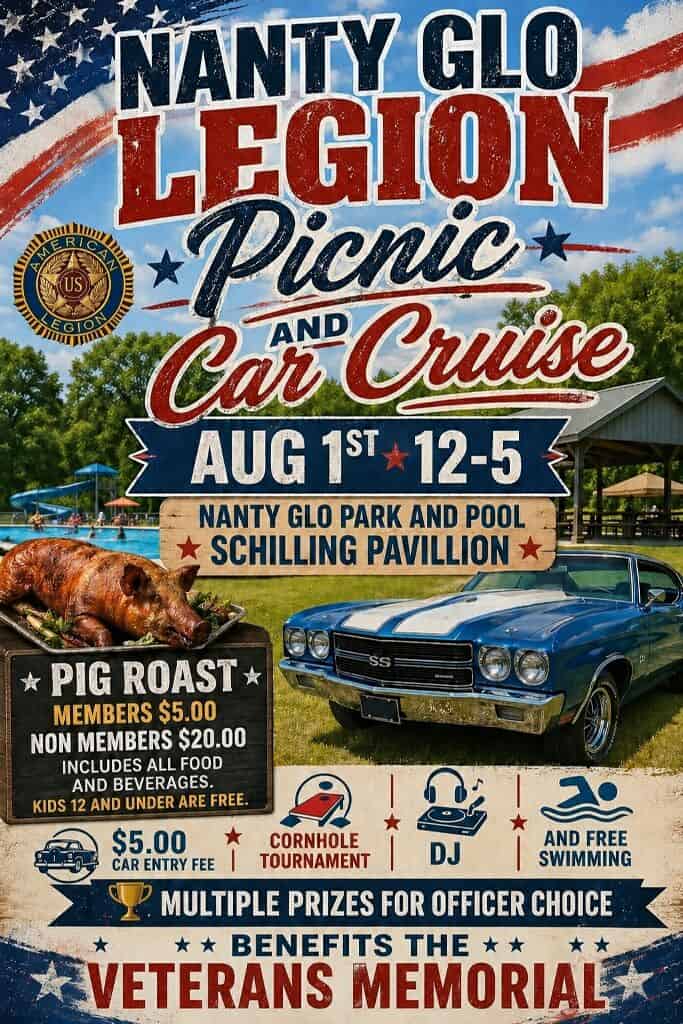 Nantty Glo Legion Picnic and Car Cruise event at Nanty Glo Park and Pool Schilling Pavilion in Nanty Glo, PA on August 1, 2026