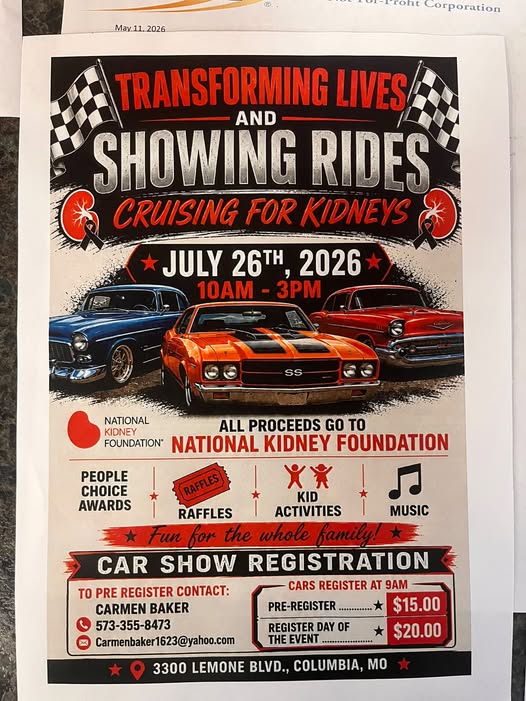 National Kidney Foundation Cruising for Kidneys Car Show event at 3300 LeMone Blvd. in Columbia, MO on July 26, 2026