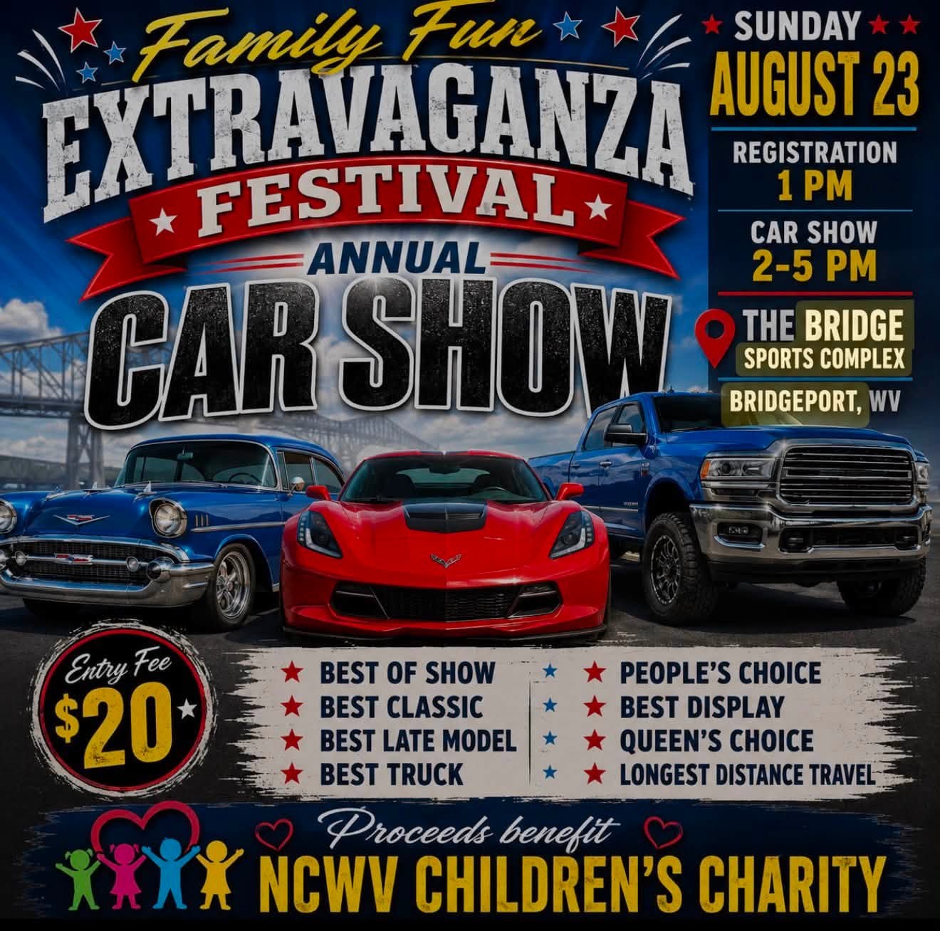 NCWV Children's Charity Car Show event at The Bridge Sports Complex in Bridgeport, WV on August 23, 2026