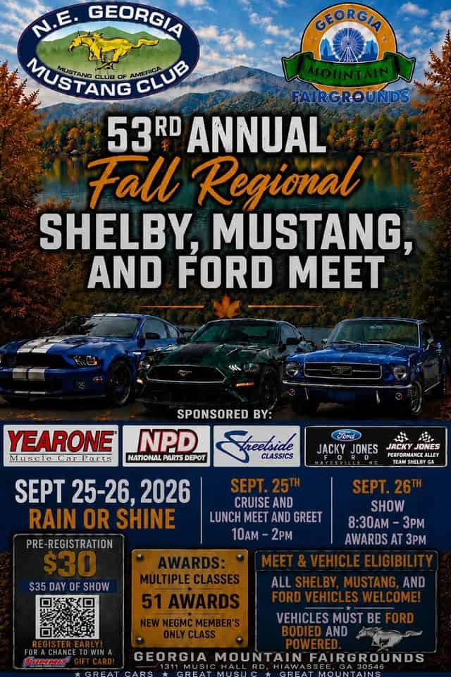 N.E. Georgia Mustang Club 53rd Annual Fall Regional Shelby, Mustang and Ford Meet event at Georgia Mountain Fairgrounds in Hiawassee, GA on September 26, 2026