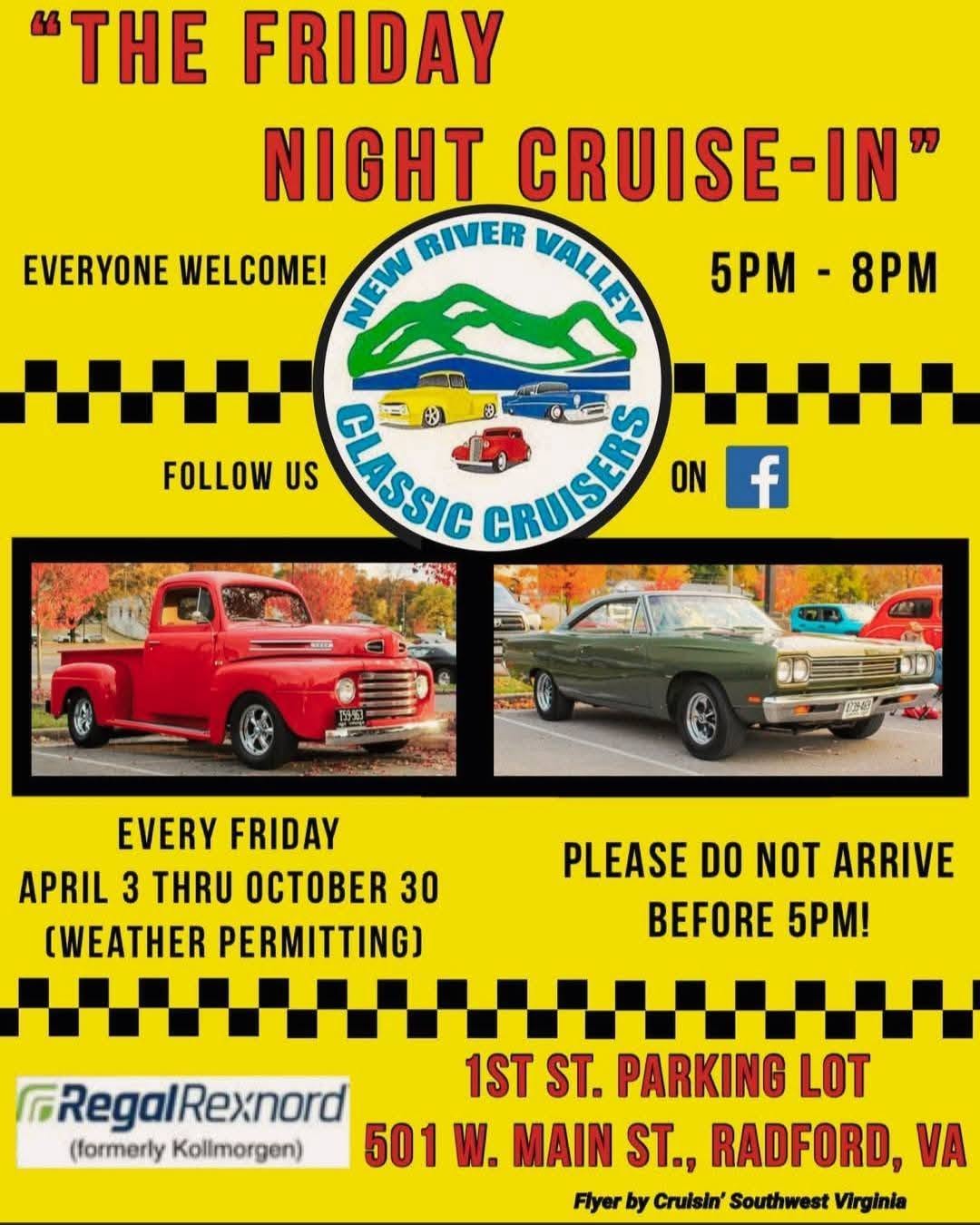 New River Valley Classic Cruisers Friday Night Cruise-In event at 1st St. Parking Lot in Radford, VA on July 17, 2026