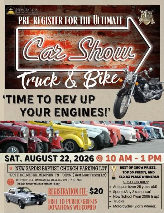New Sardis Baptist Church Car Show event at New Sardis Baptist Church Parking Lot in Memphis, TN on August 22, 2026