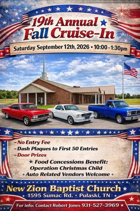 New Zion Baptist Church 19th Annual Fall Cruise-In event at New Zion Baptist Church in Pulaski, TN on September 12, 2026