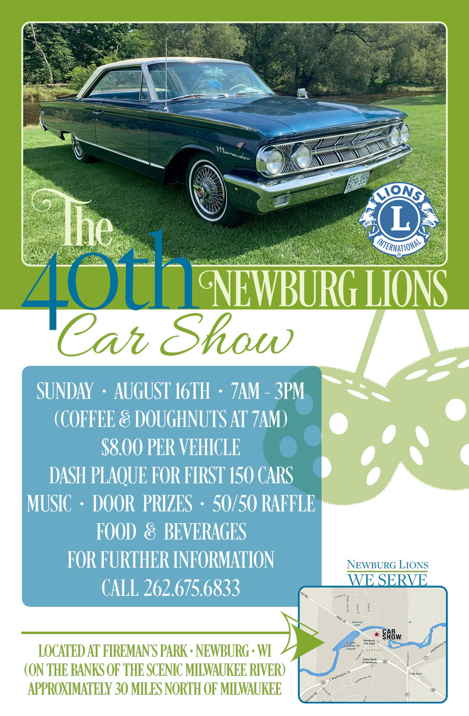 Newburg Lions 10th Annual Car Show event at Fireman's Park in Newburg, WI on August 16, 2026