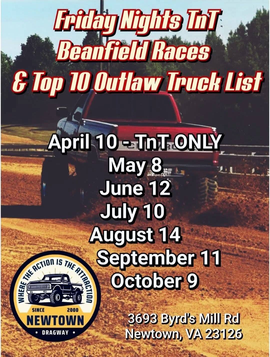 Newtown Dragway Friday Nights TnT Beanfield Races & Top 10 Outlaw Truck List event at Newtown Dragway in Newtown, VA on August 14, 2026