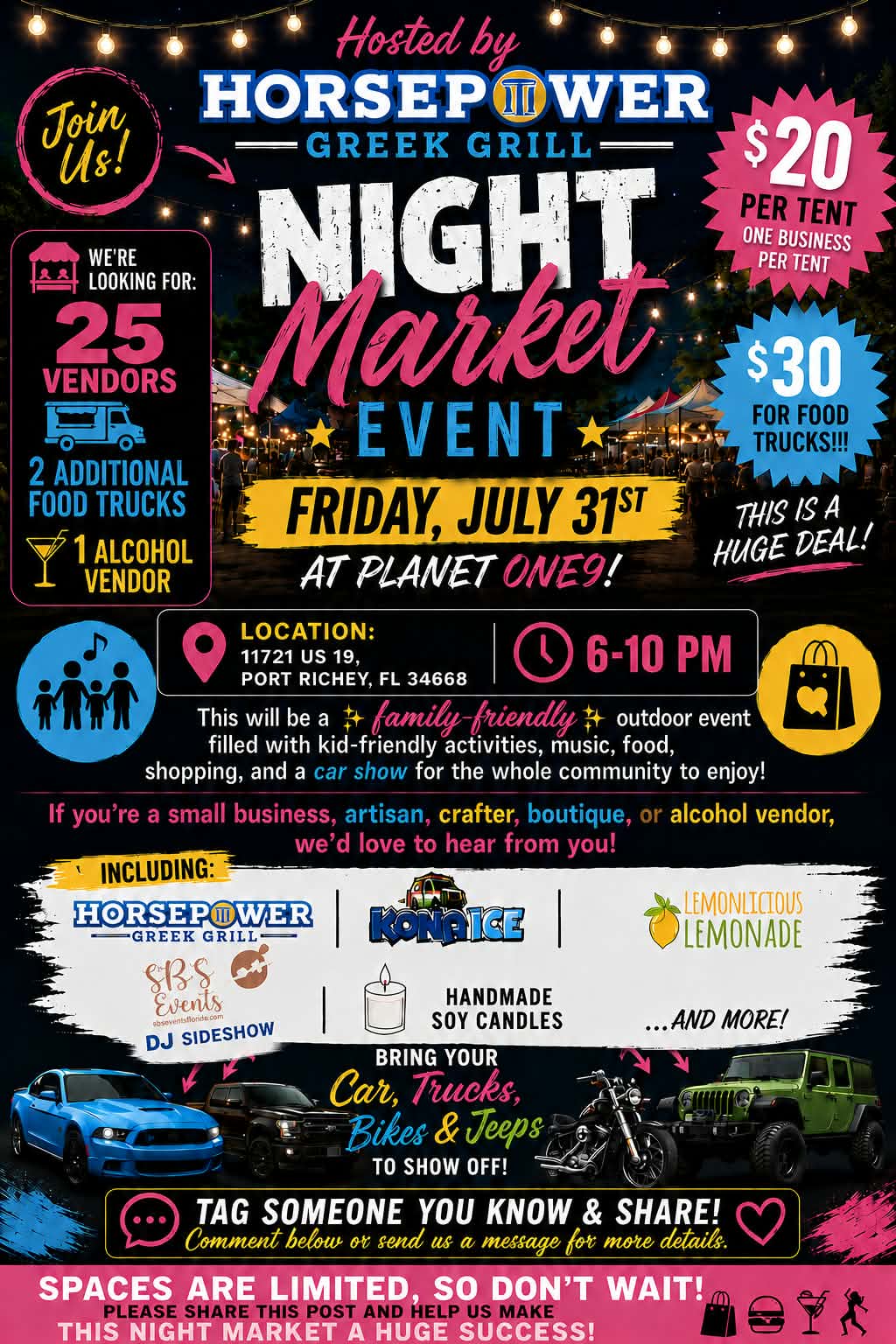 Night Market Event at Horsepower Greek Grill event at Planet One9 in Port Richey, FL on July 31, 2026