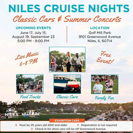 Niles Cruise Nights Classic Cars & Summer Concerts event at Golf Mill Park in Niles, IL on July 15, 2026