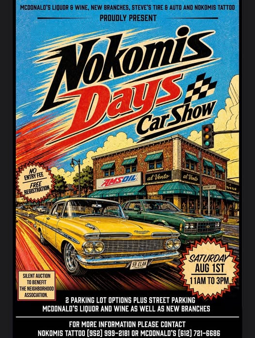 Nokomis Days Car Show event at McDonald's Liquor and Wine in Minneapolis, MN on August 1, 2026