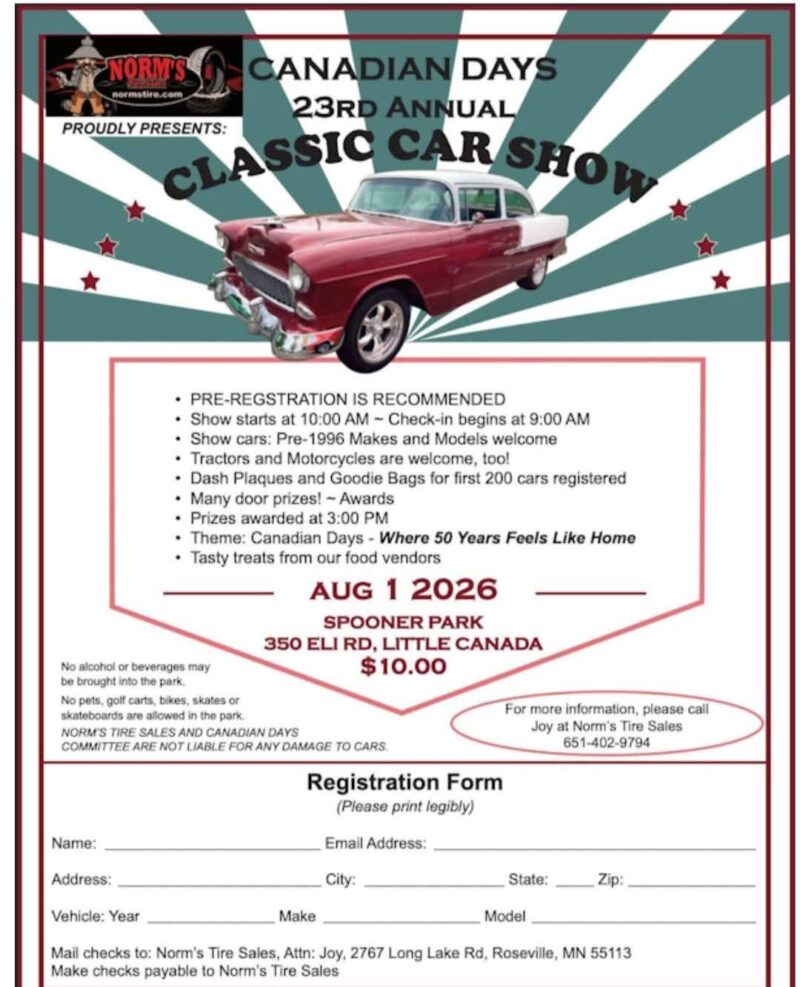 Norm's Canadian Days 23rd Annual Classic Car Show event at Spooner Park in Little Canada, MN on August 1, 2026