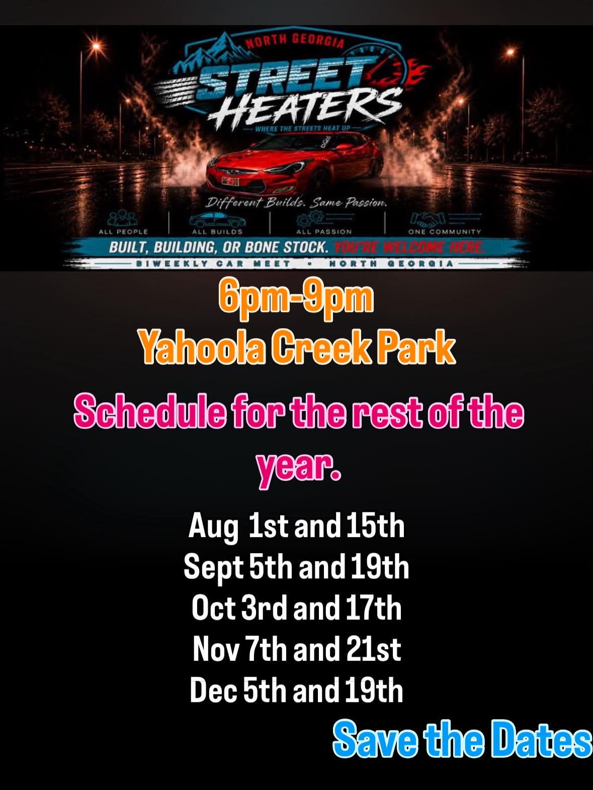North Georgia Street Heaters Car Meet event at Yahoola Creek Park in Dahlonega, GA on August 1, 2026