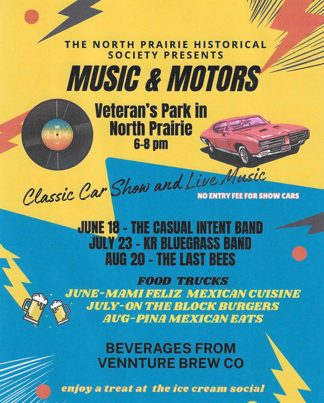 North Prairie Historical Society Music & Motors event at Veteran's Park in North Prairie, WI on July 23, 2026