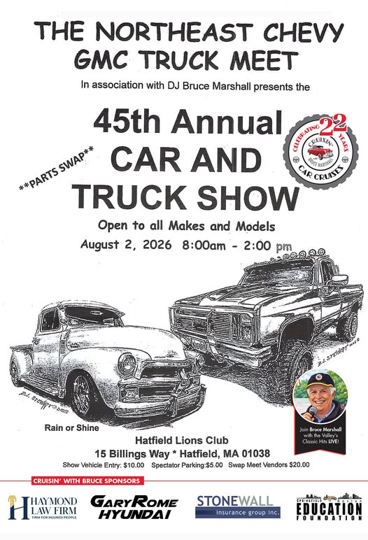 Northeast Chevy GMC Truck Meet 45th Annual Car and Truck Show event at Hatfield Lions Club in Hatfield, MA on August 2, 2026
