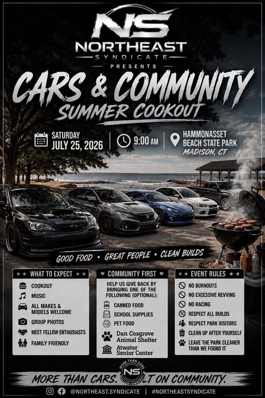 Northeast Syndicate Cars & Community Summer Cookout event at Hammonasset Beach State Park in Madison, CT on July 25, 2026