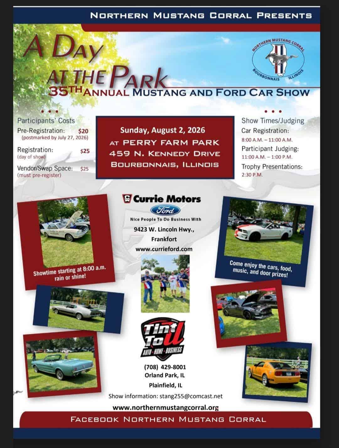 Northern Mustang Corral 35th Annual Mustang and Ford Car Show event at Perry Farm Park in Bourbonnais, IL on August 2, 2026
