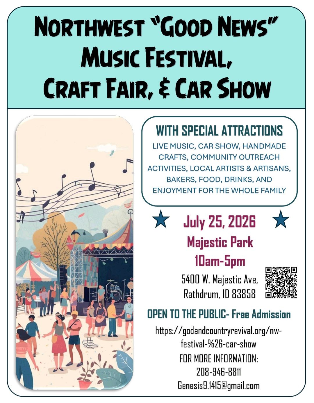 Northwest Good News Music Festival, Craft Fair, & Car Show event at Majestic Park in Rathdrum, ID on July 25, 2026