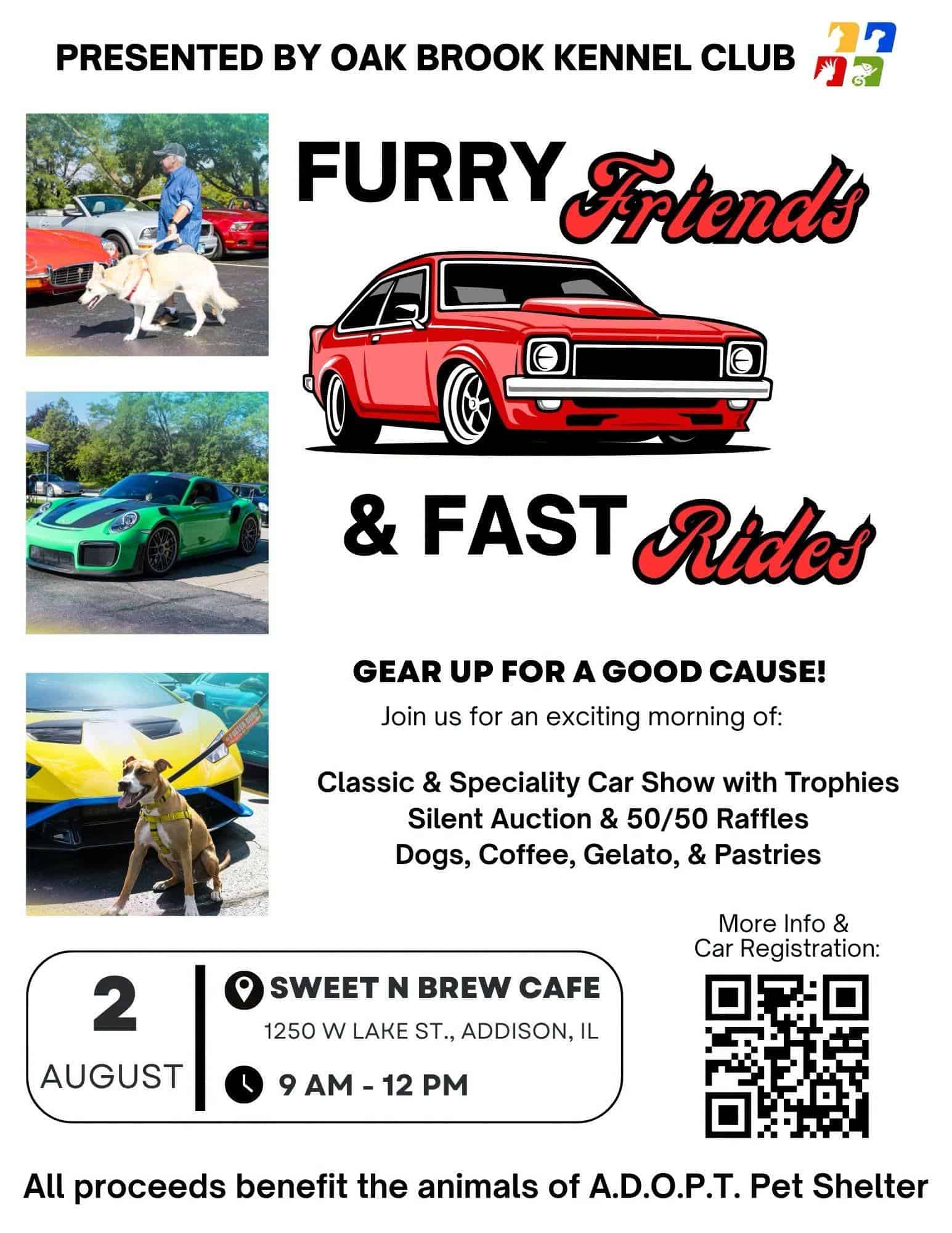 Oak Brook Kennel Club Furry Friends & Fast Rides event at Sweet N Brew Cafe in Addison, IL on August 2, 2026