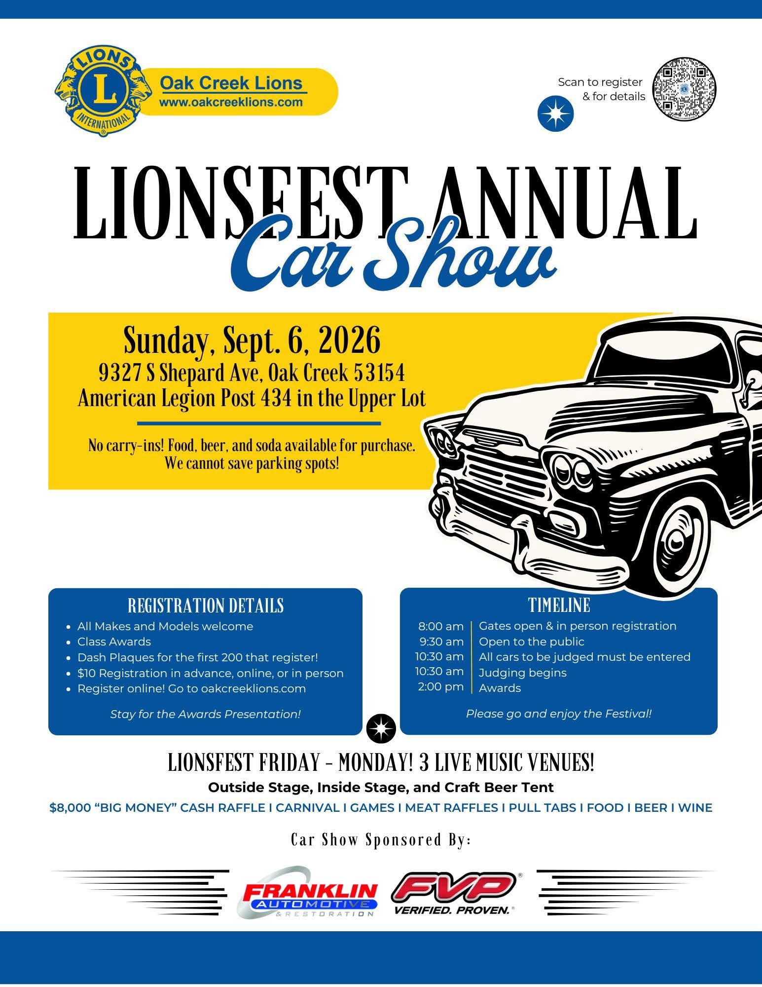 Oak Creek Lions Lionsfest Annual Car Show event at American Legion Post 434 in Oak Creek, WI on September 6, 2026