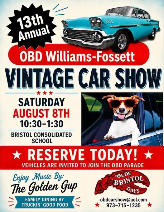 OBD Williams-Fossett 13th Annual Vintage Car Show event at Bristol Consolidated School in Bristol, ME on August 8, 2026