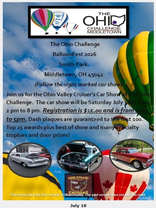 Ohio Valley Cruisers Car Show at the Ohio Challenge BalloonFest event at Smith Park in Middletown, OH on July 18, 2026