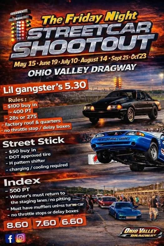 Ohio Valley Dragway Friday Night Streetcar Shootout event at Ohio Valley Dragway in West Point, KY on July 10, 2026