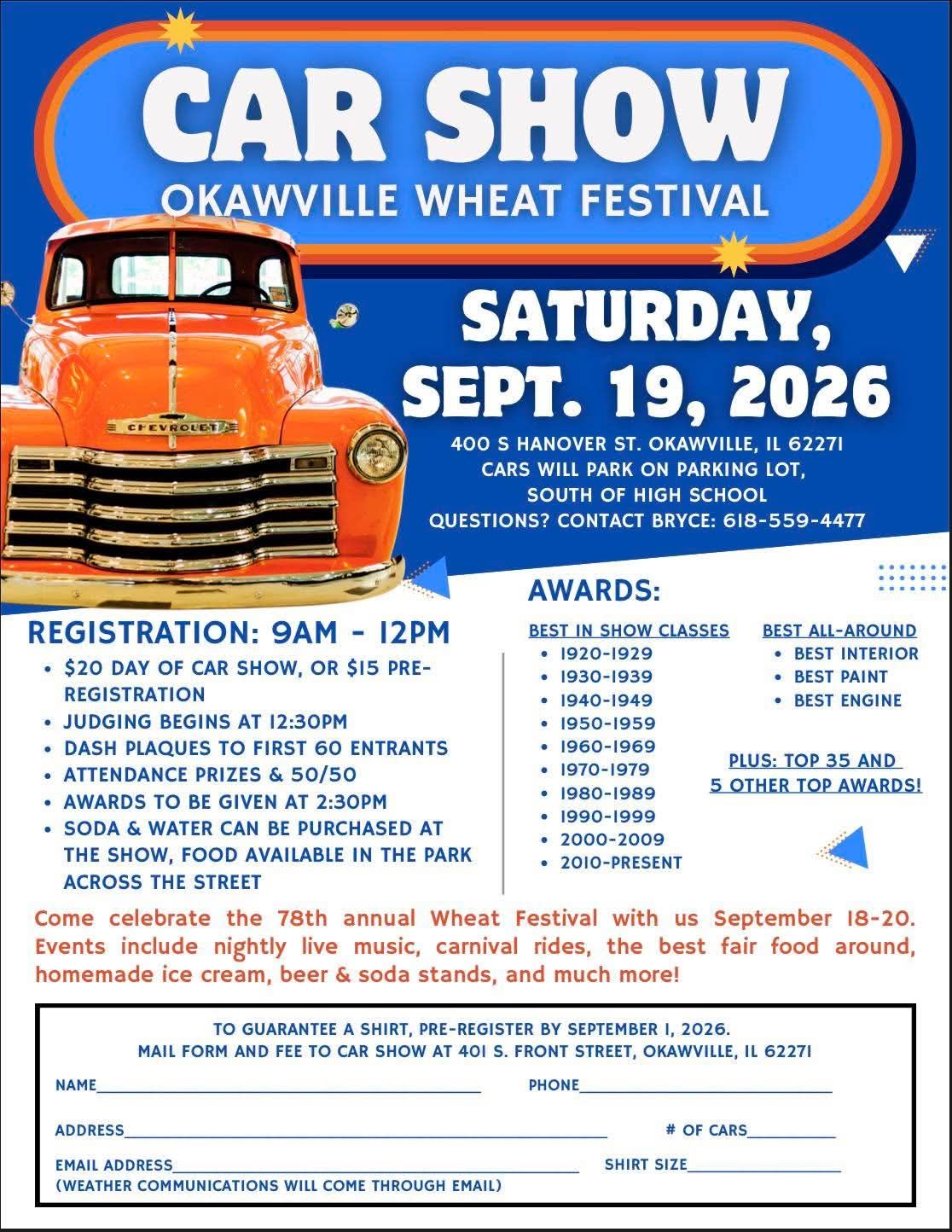 Okawville Wheat Festival Car Show event at 400 S Hanover St in Okawville, IL on September 19, 2026